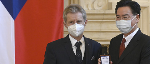 Czech Senate chairman Milos Vystrcil, left, handed Silver medal of Senate chairman to Taiwanese Foreign Affairs Minister Joseph Wu, right, on October 27, 2021, in Prague, Czech Republic.