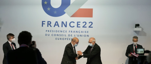 European Union foreign policy chief Josep Borrell, center right, greets French Foreign Minister Jean-Yves Le Drian prior to a meeting of European Union foreign ministers in Brest, France, Friday, Jan. 14, 2022.