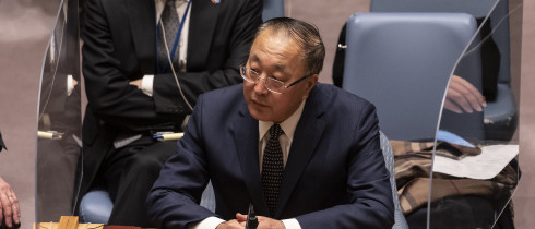 Permanent Representative of China to the UN Zhang Jun speaks during emergency SC meeting on situation on Ukraine-Russia borders at UN Headquarters. Emergency Security Council meeting was convened at the request of Ukraine after Russia officially recognized breakaway regions of Ukraine as independent countries and ordered troops into those regions.