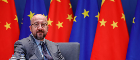 European Council President Charles Michel arrives prior to speaking with European Union foreign policy chief Josep Borrell and European Commission President Ursula von der Leyen to Chinese Premier Li Keqiang via video-conference during an EU China summit at the European Council building in Brussels