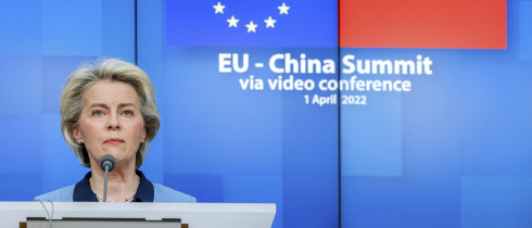 European Commission President Ursula von der Leyen speaks during a media conference at the end of an EU China summit at the European Council building in Brussels, Friday, April 1, 2022
