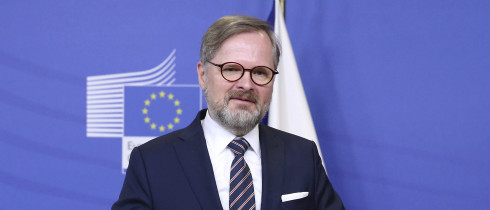 Czech Republic's Prime Minister Petr Fiala speaks during a media statement with European Commission President Ursula von der Leyen prior to a meeting in Brussels, Thursday, Feb. 17, 2022