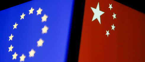 Flags of European Union and China displayed on phone screens are seen in this multiple exposure illustration photo taken in Krakow, Poland on May 15, 2022