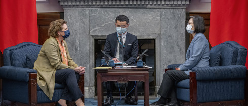Taiwan's President Tsai Ing-wen, right, meets with European Parliament Vice President Nicola Beer at the Presidential Office in Taipei, Taiwan on Wednesday, July 20, 2022.