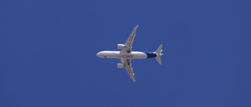 A Comac C919, a narrow-body twinjet airliner developed by Chinese aerospace manufacturer Comac.