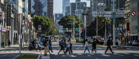 Passersby walk in downtown Taipei, Taiwan