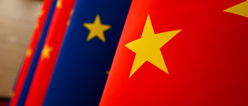 The European Union and Chinese flags. 