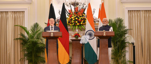 German Chancellor Olaf Scholz with Prime Minister Narendra Modi attend a joint press conference, at Hyderabad House, on October 25, 2024 in New Delhi, India. 