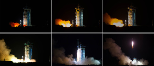 his combined photo shows China launching the world's first quantum satellite on top of a Long March-2D rocket from the Jiuquan Satellite Launch Center in Jiuquan, northwest China's Gansu Province, Aug. 16, 2016. 
