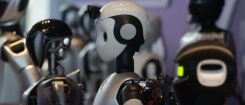 18 Humanoid Robot Vanguard Matrix are being displayed at the entrance of WAIC, World Artificial Intelligence Conference at Shanghai World Expo Exhibition Center in Shanghai, China, on July 5, 2024, during the first public viewing day (Photo by Ying Tang/NurPhoto).