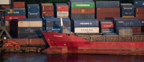 Shipping containers are being loaded onto container ships in the Vladivostok Sea Commercial Port.