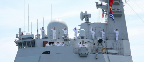 Gulf Of Oman, Indian Ocean, Iran: Navy ships engage in military exercises during joint drills conducted by Iran, Russia, and China in the Gulf of Oman.