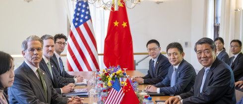 US Secretary of the Treasury Scott Bessent, US Trade Representative Jamieson Greer, Li Chenggang, China International Trade Representative (full minister rank) and Vice Minister of Commerce, Chinese Vice Premier He Lifeng, left and right, they are preparing to discuss for the second day during a bilateral meeting between the United States and China, in Geneva, Switzerland, on Sunday, May 11, 2025.