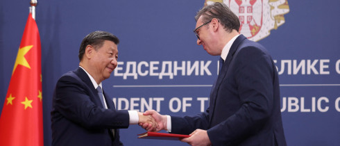 Chinese President Xi Jinping and Serbian President Aleksandar Vucic shake hands during a document signing at the Palace of Serbia during the Chinese president's two-day state visit in Belgrade, Serbia, May 8, 2024. 