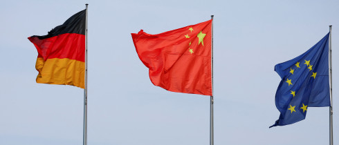 he flags of Germany, China and the European Union are seen ahead of a meeting between German Chancellor Olaf Scholz and Chinese Premier Li Qiang in Berlin, Germany, June 19, 2023. 