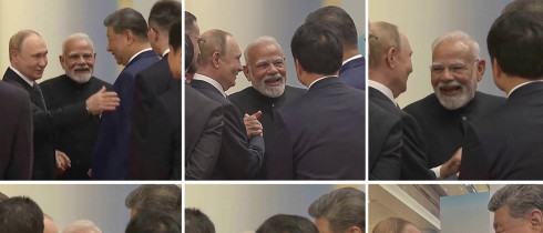 ussian President Vladimir Putin, left, Indian Prime Minister Narendra Modi, centre, and Chinese President Xi Jinping talk ahead of the Shanghai Cooperation Organization (SCO) summit 