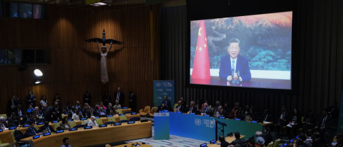 Chinese President Xi Jinping delivers a video speech to the United Nations Climate Summit 2025 held in New York on Sept. 24, 2025. 