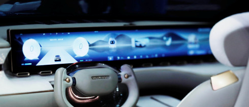 Interior of the SKYWORTH Y with a view of the large flat screen on the dashboard