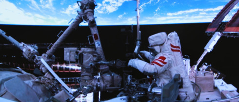 Beijing Aerospace Control Center shows Shenzhou-20 astronaut Chen Zhongrui performing extravehicular activities outside China's orbiting space station on June 26, 2025.