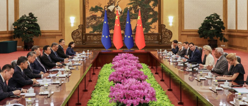 Chinese President Xi Jinping, fourth left, listens to European Council President António Costa, second right, in presence of European Commission President Ursula von der Leyen, third right, and European Union’s foreign policy chief, Kaja Kallas during the opening remarks of the European Union-China Summit in Beijing, China, Thursday, July 24, 2025.
