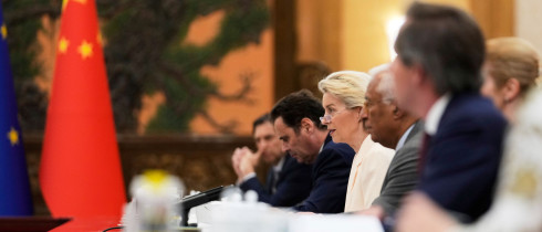 European Commission President Ursula von der Leyen, third right, attends during the opening remarks of the European Union - China Summit at the Great Hall of the People in Beijing, China