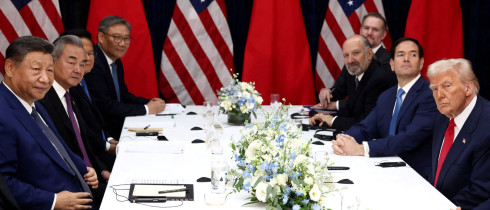U.S. President Donald Trump, accompanied by U.S. Secretary of State Marco Rubio and U.S. Secretary of Commerce Howard Lutnick, attends a bilateral meeting with Chinese President Xi Jinping, accompanied by Chinese Foreign Minister Wang Yi, at Gimhae International Airport, on the sidelines of the Asia-Pacific Economic Cooperation (APEC) summit, in Busan, South Korea, October 30, 2025. 