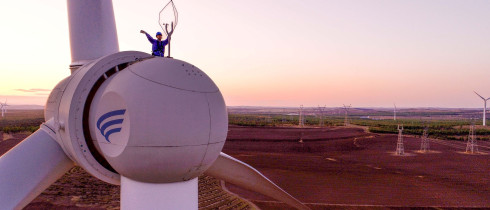 Aerial photo workers inspect equipment at a wind power photovoltaic field in Ulanhot, Hinggan League, Inner Mongolia, China, May 23, 2023