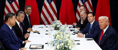 U.S. President Donald Trump, accompanied by U.S. Secretary of State Marco Rubio and U.S. Secretary of Commerce Howard Lutnick, attends a bilateral meeting with Chinese President Xi Jinping, accompanied by Chinese Foreign Minister Wang Yi, at Gimhae International Airport, on the sidelines of the Asia-Pacific Economic Cooperation (APEC) summit, in Busan, South Korea, October 30, 2025.