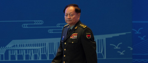 Zhang Youxia, vice chairman of the CPC Central Military Commission, walks down the podium after addressing the Western Pacific Navy Symposium held in Qingdao in eastern China's Shandong province on Monday, April 22, 2024.