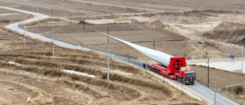 A truck is transporting wind turbine components on the road in Xigai County, Guoyuan City, Ningxia Hui Autonomous Region, China on January 18, 2026.