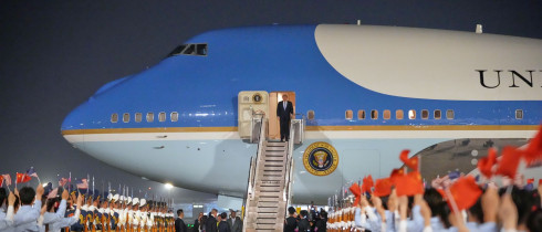 President Donald Trump arrives on Air Force One, Wednesday, May 13, 2026, at Beijing Capital International Airport in Beijing. (AP Photo/Mark Schiefelbein)