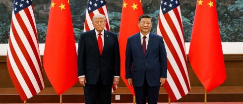 US President Donald Trump participates in a welcoming ceremony with Chinese President Xi Jinping at the Great Hall of the People in Beijing