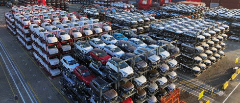 SUZHOU, CHINA - JANUARY 15, 2024 - A batch of cars are exported overseas at the Taicang Port terminal in Suzhou, Jiangsu province, China, Jan 15, 2024.