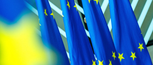 Flag during the Foreign Affairs Council meeting of Minister responsible for Trade of the European Union in the European Council in Brussels in Belgium on 14th of July 2025. 