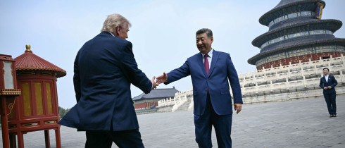 China's President Xi Jinping, right, and U.S. President Donald Trump shake hands at the Temple of Heaven in Beijing Thursday, May 14, 2026.